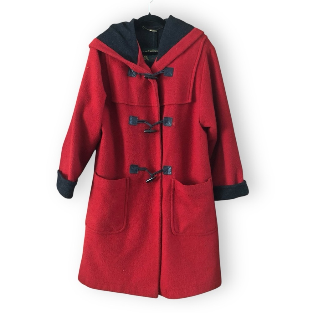 Vintage LodenFrey Red Wool Blend Hooded Toggle Coat US Size 8 German 38